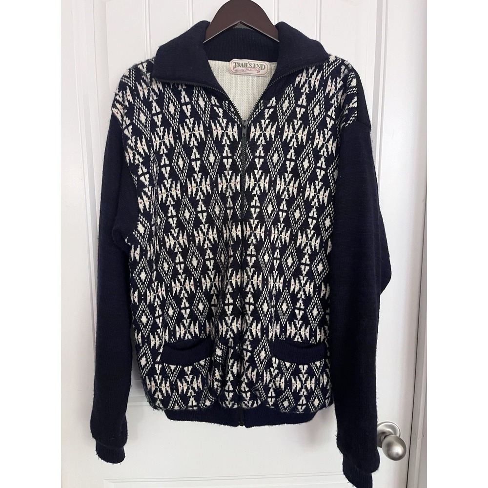 Trails End Men's XL Sweater Zip Cardigan Printed Navy Blue Vintage Lined Ski CC
